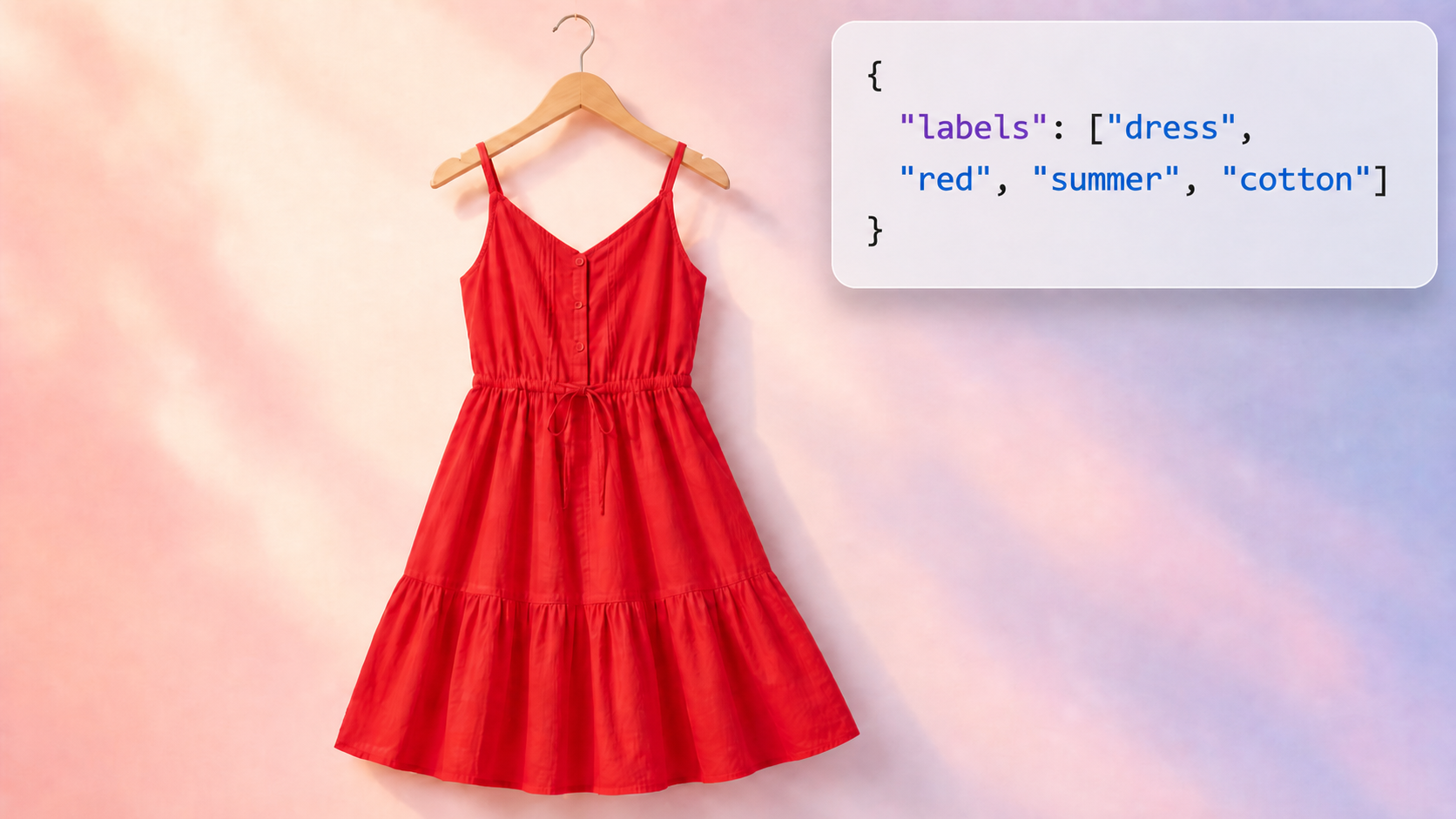 A red summer dress on a hanger with auto-generated descriptive labels overlaid, illustrating catalog enrichment