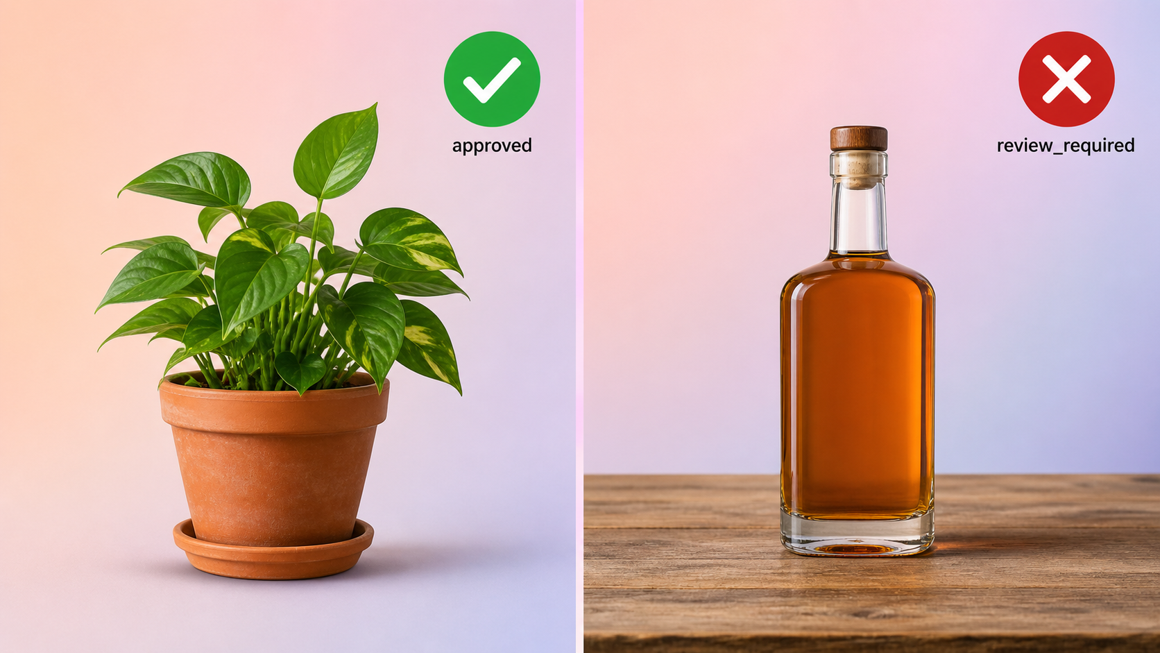 Two product photos side by side, one approved with a green check and one flagged for review, illustrating content moderation