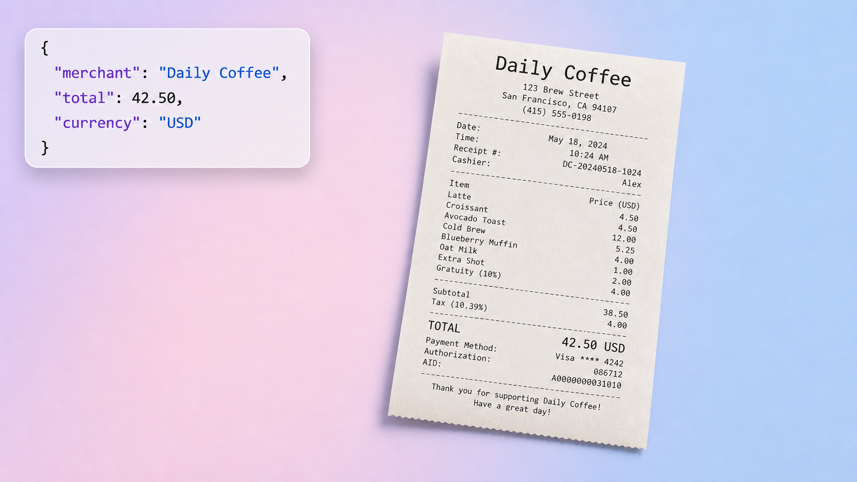 A paper receipt with extracted merchant, total, and currency values overlaid, illustrating document capture