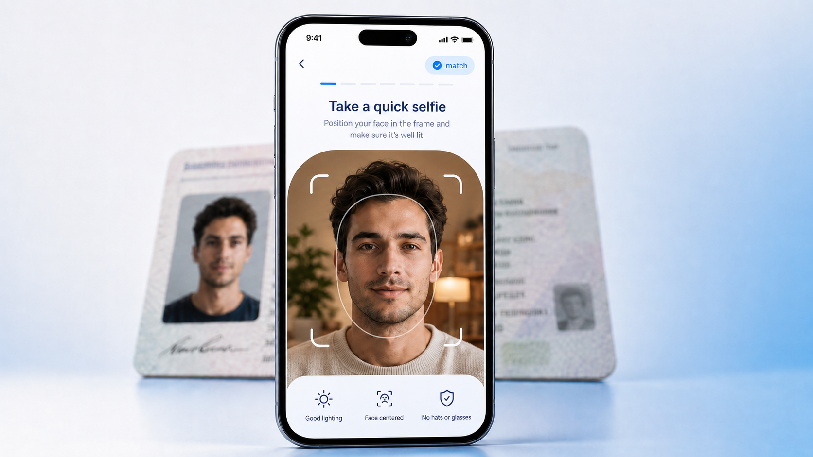 ID-style headshot compared to a casual selfie with a similarity score, illustrating identity verification